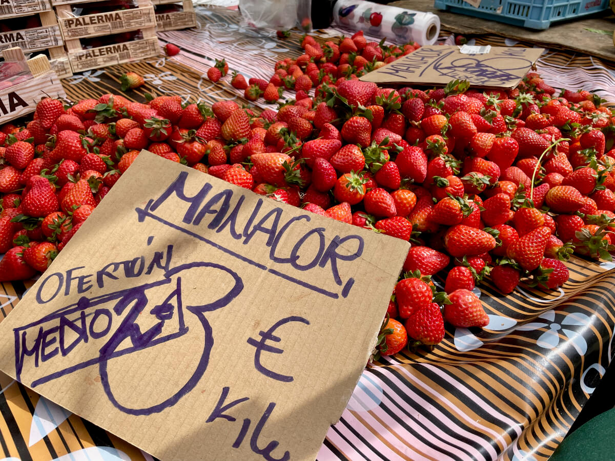 Marktstand mit frischen Erdbeeren aus Manacor auf dem Pere Garau Markt