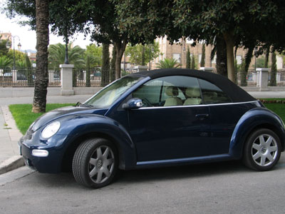 Parkender blauer VW Beetle Cabrio auf Straße unter Bäumen