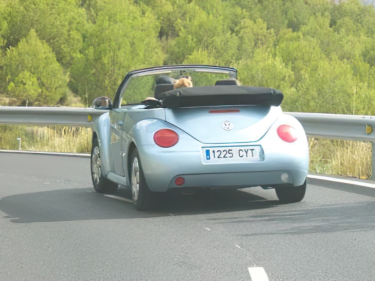 Hellblauer VW Beatle Cabrio auf der Landstraße in einer Kurve